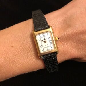 Gold Tone Vintage Speidel Rectangular Watch with Black Genuine Lizard Strap